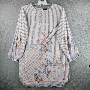 Saya Womens Floral Geometric Lace Trim Kurti Tunic Top Pink Large Side Slits